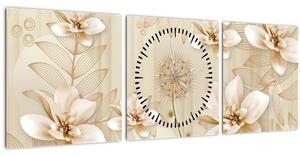 Tablou - Compoziție flori aurii (cu ceas) (90x30 cm)
