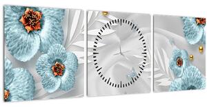 Tablou - 3D Flori albastre (cu ceas) (90x30 cm)