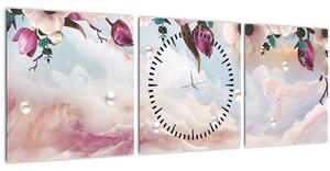 Tablou - Flori roz și marmură roz (cu ceas) (90x30 cm)