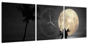 Tablou - Plaja cu lună plină, nuanțe gri (cu ceas) (90x30 cm)