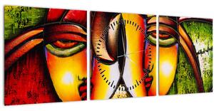 Tablou - Pictură în ulei, chipuri abstracte (cu ceas) (90x30 cm)