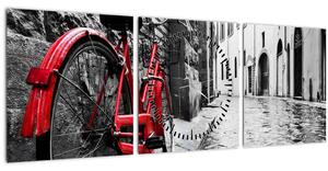 Tablou - Bicicleta roșie pe o stradă pavată (cu ceas) (90x30 cm)