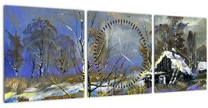 Tablou -Cabane într-un peisaj de iarnă, pictură în ulei (cu ceas) (90x30 cm)