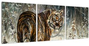 Tablou - Tigru într-o pădure înzăpezită, pictură în ulei (cu ceas) (90x30 cm)