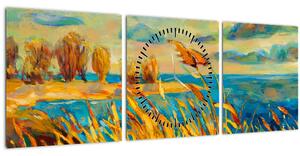 Tablou - Apus de soare peste lac, pictură acrilică (cu ceas) (90x30 cm)