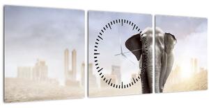 Tablou - Elefanți în oraș (cu ceas) (90x30 cm)