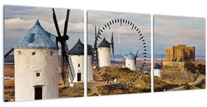 Tablou - Morile de vânt din Consuegra, Spania (cu ceas) (90x30 cm)