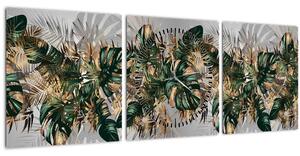 Tablou - Frunze tropicale, Galben - auriu (cu ceas) (90x30 cm)