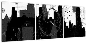 Tablou - Oraș cu inscripții și modele (cu ceas) (90x30 cm)