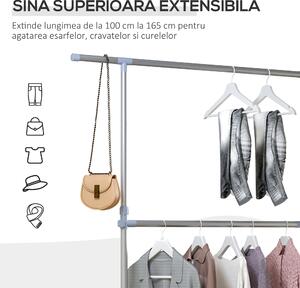 HOMCOM Cuier pentru haine cu inaltime si extensie reglabile, 165 x 48 x 180 cm, Inox / ABS, Argintiu / Gri