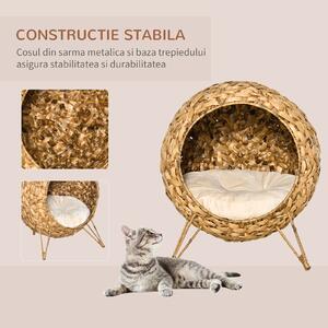 Cos pentru Pisici Confortabil PawHut, Casuță din Ratan Sintetic și Metal, Cușcă Moale din Pluș, Maro, Φ52x58cm | Aosom Romania