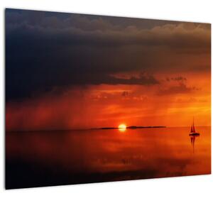 Tablou pe sticlă apusului de soare cu barca (70x50 cm)
