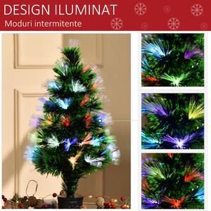 Brad de Craciun Artificial cu 40 Luminite si Fibra Optica Colorata, Decoratiune de Craciun, Verde HOMCOM | Aosom RO