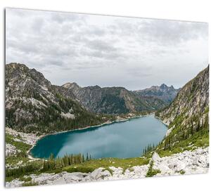 Tablou pe sticlă cu lac în munți (70x50 cm)