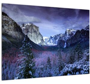 Tablou pe sticlă cu peisaj montan iarna (70x50 cm)