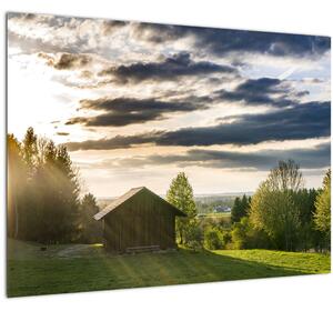 Tablou pe sticlă cabana în pădure (70x50 cm)