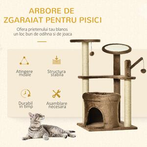 PawHut Arbore de Zgâriat pentru Pisici cu Stâlpi din Sisal, Căsuță și Pernă, Husă din Plus, 87 cm Înălțime, Cafea | Aosom Romania