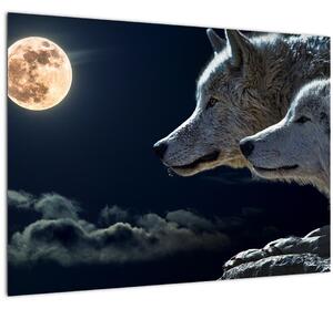 Tablou pe sticlă cu lupi în lună (70x50 cm)