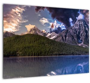 Tablou pe sticlă cu lac și munți (70x50 cm)