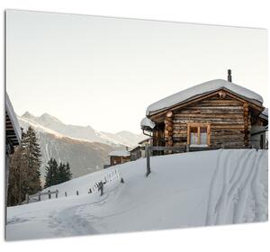Tablou pe sticlă - cabana montană în zăpadă (70x50 cm)