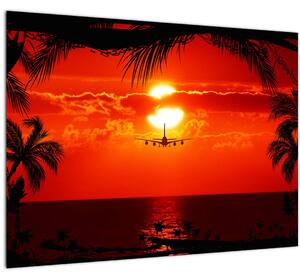 Tablou pe sticlă - apus de soare cu avion (70x50 cm)