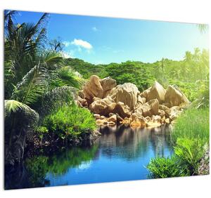 Tablou pe sticlă cu lac în jungla din Seychelles (70x50 cm)
