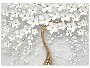 Tablou pe sticlă cu copac alb cu flori (70x50 cm)