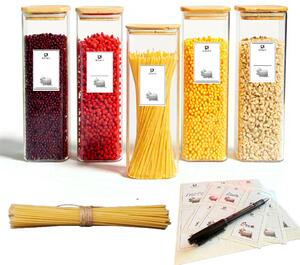 Set 5 recipiente depozitare alimente Koken, Borcane din sticla borosilicata cu capac din bambus ermetic, Recipiente patrate, transparente + stickere, marker - Set nr. 4 ( 5 Recipiente 0.8 L)