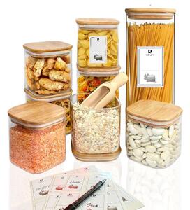 Set 5/6/8 Recipiente depozitare alimente Koken, Borcane din sticla borosilicata cu capac din bambus ermetic, Recipiente patrate, transparente + stickere, marker, 0.8L, 1.2L,1.6 L, 2L - Set nr.2(6Recipiente)