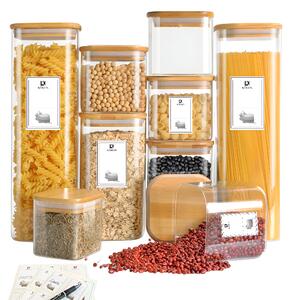 Set 14 Recipiente pătrate din sticlă borosilicată cu capac din bambus etanș Koken, pentru depozitarea alimentelor uscate și cerealelor