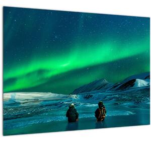 Tablou pe sticlă cu oameni la Aurora borealis (70x50 cm)