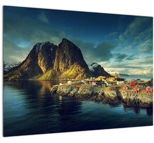 Tablou pe sticlă cu sat de pescari din Norvegia (70x50 cm)