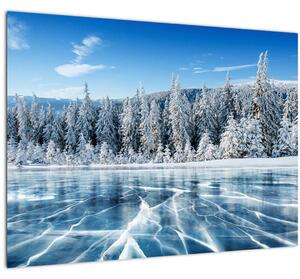 Tablou pe sticlă cu lacul înghețat și copacii înzăpeziți (70x50 cm)