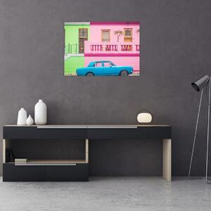 Tablou pe sticlă cu mașina - casele colorate (70x50 cm)