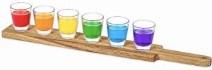 Set 6 pahare pentru shoturi 30 ml Pufo Drink cu suport din lemn de acacia, tava servire tip paddle pentru degustari, lichior, tuica, tequila, whiskey si bauturi spirtoase