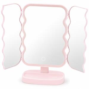 Oglinda de make-up iluminata cu intensitate reglabila, oglinda cosmetica pliabila cu doua panouri laterale, ideala pentru machiaj, ingrijire ten si beauty routine, roz