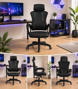 Scaun de birou ergonomic cu tetieră și spătar din plasă, negru