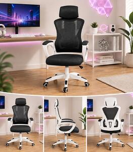 Scaun de birou ergonomic cu tetieră și spătar din plasă, negru cu cadru alb