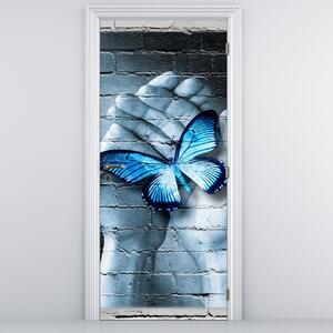 Fototapet pentru ușă - Fluture albastru pe perete (95x205cm)