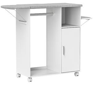 HOMCOM Dulap Multifuncțional cu Masă de Călcat | Blat din Tesatura Efect In | 3 Rafturi | Ghidaj pentru Agățat | 127x42.5x99 cm | Alb | Aosom Romania