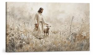 Tablou modern cu Isus ca păstor și miel pe pânză - 80x40 cm