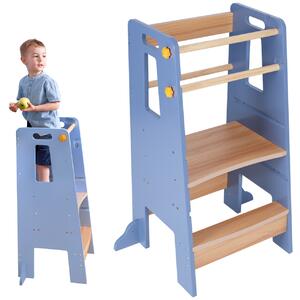 Turn de Invatare tip Learning tower pentru Copii Suporto, Rol de Inaltator cu Treapta de urcare reglabila antiderapanta si Balustrade de Protectie, Gri / Maro