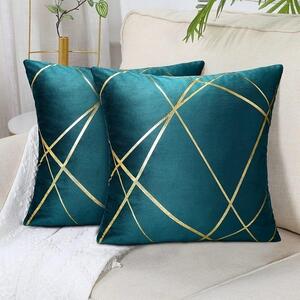Fete de perna decorative, 50x50cm, 2 bucati, din catifea, cu linii aurii, cu geometrie, verde