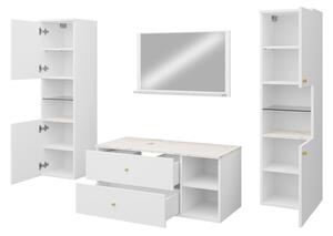 Mobilier baie Kiago III (alb mat + marmură bianco + auriu) (fără baterie, fără sifon, fără lavoar). 1103967