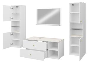 Mobilier baie Kiago III (alb mat + marmură bianco + auriu) (fără baterie, fără sifon, fără lavoar). 1103967