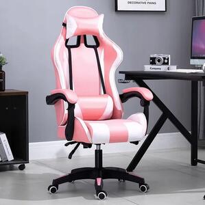 Scaun de gaming confortabil, cu pernă de masaj alb-roz