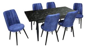 Set masă extensibilă Aris Negru Marmorat cu 6 scaune Apollo Albastru Picior Negru