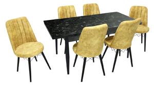 Set masă extensibilă Aris Negru Marmorat cu 6 scaune Apollo Galben Picior Negru