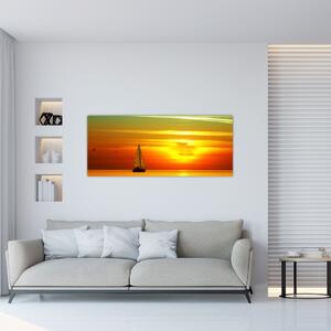 Tablou cu apus de soare și iaht (120x50 cm)
