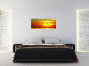 Tablou cu apus de soare și iaht (120x50 cm)